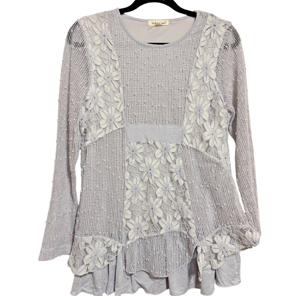 Women's Indigo Soul Open Weave Layered Top Grey Size Small